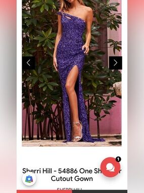 Sherri Hill Sparkling Purple One-Shoulder Gown with High Slit